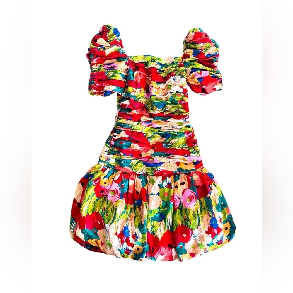 Vintage Raul Blanco Evening 100% Silk Dress Floral Accent Ruffles Pleated Size 6